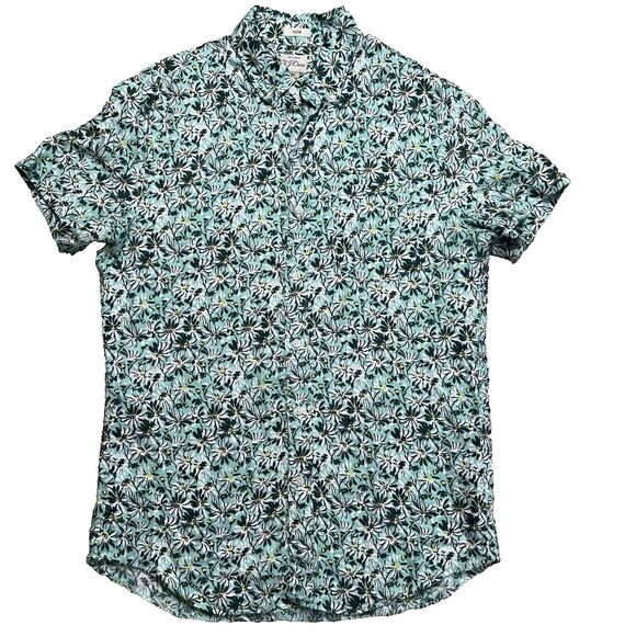 J Crew Linen Button Down Shirt Mens Medium Slim Floral Green Short Sleeve Preppy - Picture 1 of 6